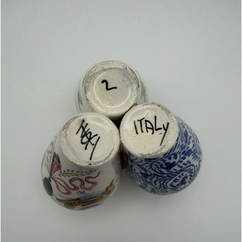 Mid-Century Modern Italian Pottery Hand Painted 3 Connected Cluster Vases